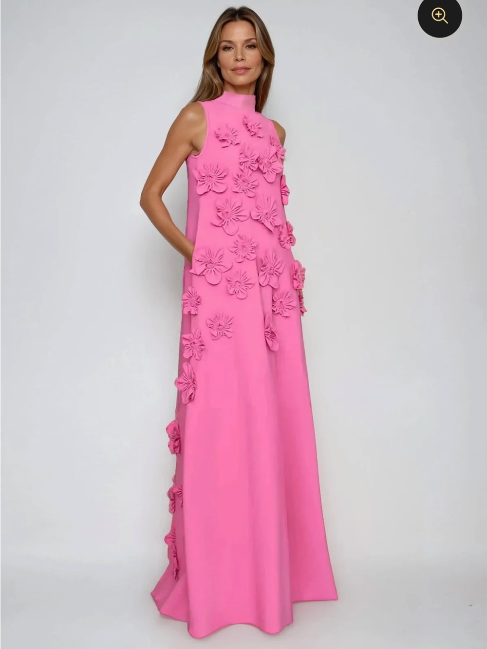 Sleeveless Hot Pink Maxi Dress with 3D Floral Appliqués